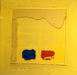 02:99. Bleu et rouge posés sur jaune, 100 x 100,